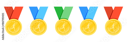 Running event medal set illustration. Gold medals with colorful ribbons for marathon distances 5k 10k 15k 21k and 42k