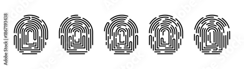Fingerprint scan icons collection in black. Set of biometric identification symbols with different line patterns