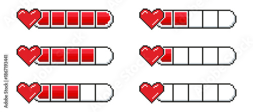 Pixel heart energy bar illustration. Love and health level indicators in retro game style