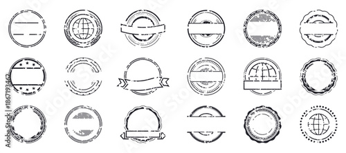 Grunge round stamp frames illustration collection in black. Set of distressed circular badges and label templates