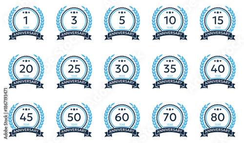 Anniversary laurel badge collection illustration. Year celebration emblems from one to eighty years