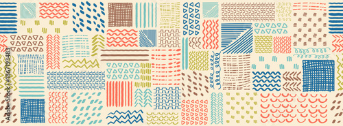 Hand drawn abstract pattern textures collection in pastel colors. Set of doodle shapes lines marks and playful decorative blocks