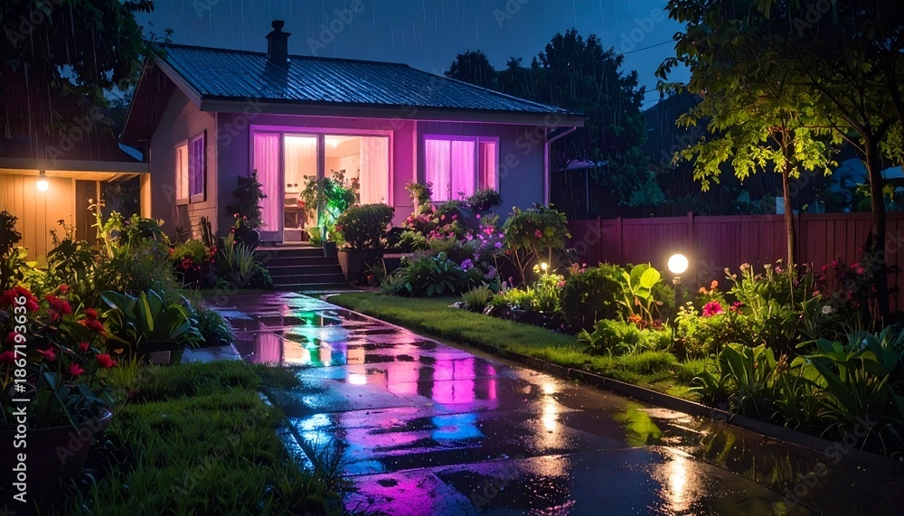 Obraz premium Evening illuminated house with garden lights reflecting on wet driveway