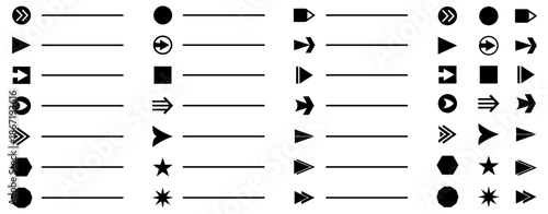 Arrow navigation elements icon collection in black. Set of direction arrows, pointers, play buttons, lines and interface symbols