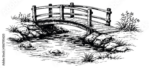 Hand drawn line art illustration of a wooden bridge depicting an arch over water with rocks for garden landscape