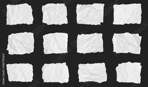 Wrinkled paper scraps illustration collection in white on dark background. Set of crumpled square note textures