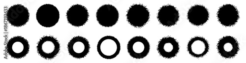 Grunge circle brush shapes collection in black. Set of rough round textures, ink blots, paint circles and distressed elements