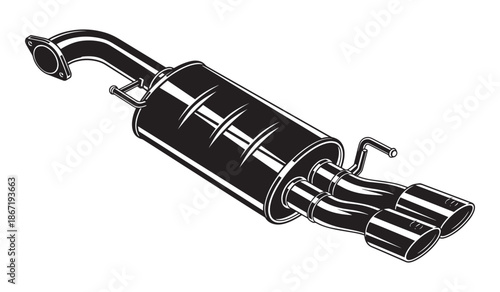 Black and white illustration of a car exhaust muffler system component