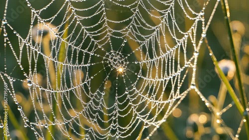 A stunning closeup view of a delicate spiderweb intricately woven and adorned with countless sparkling morning dew drops glistening beautifully in the soft natural light against a blurred green backg.