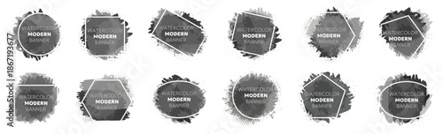 Watercolor splash banner shapes collection in gray. Set of abstract paint stains with geometric frames for modern labels