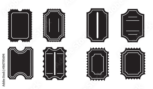 Collection of black ticket stubs with various shapes and designs