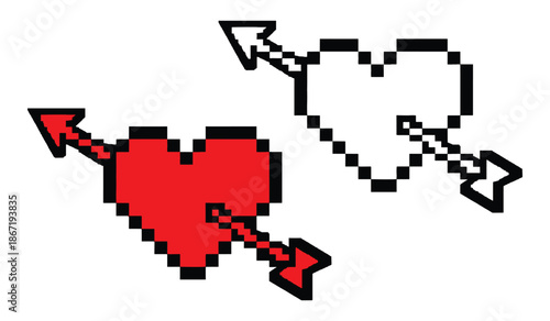 Pixel art of red and white hearts pierced by arrows in a love and cupid concept