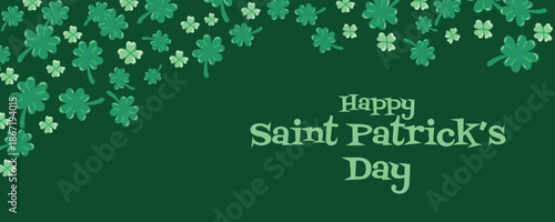 Green banner with shamrock pattern and holiday text. Elegant background for Saint Patricks Day websites, headers and promotions.