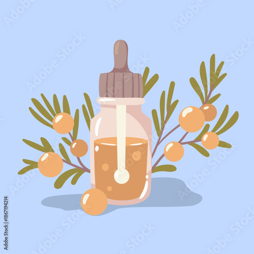 Bright sea buckthorn oil with orange berries. A nutrient rich vector for healing ointments and natural cosmetic branding.