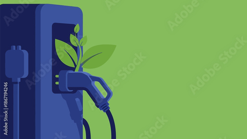 Electric vehicle charging station with a green leaf sprout emerging from the charging port, symbolizing eco-friendly transportation and sustainability