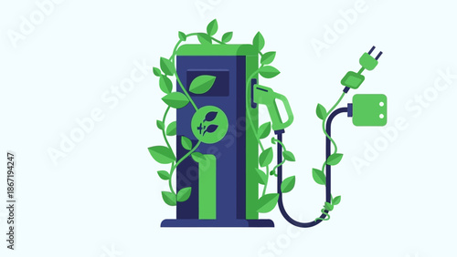 Vibrant illustration of an eco-friendly electric vehicle charging station adorned with green leaves, promoting sustainable energy solutions and clean transportation