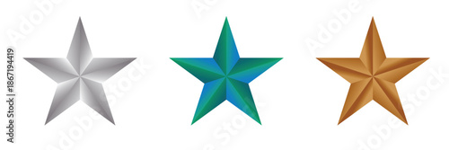 Three dimensional star icons in silver green and gold
