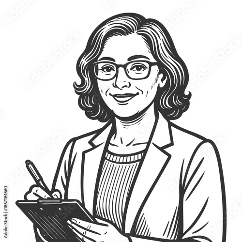 professional woman with glasses writing on a clipboard, representing a therapist, counselor, or psychologist sketch engraving generative ai fictional character vector. Scratch board. Black and white.