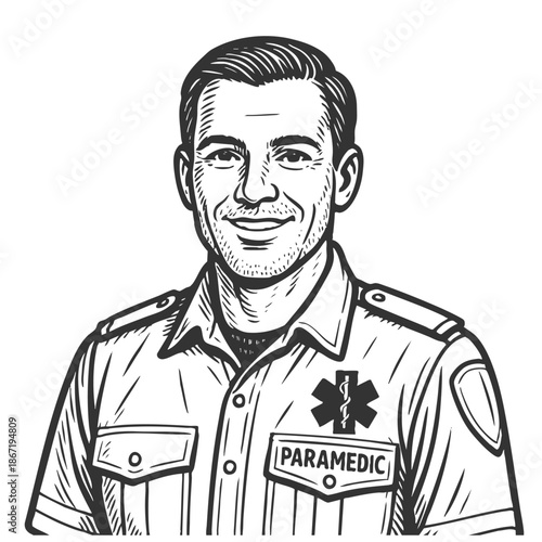 cheerful male paramedic in uniform, symbolizing emergency medical care and frontline service sketch engraving generative ai fictional character vector illustration. Scratch board. Black and white.