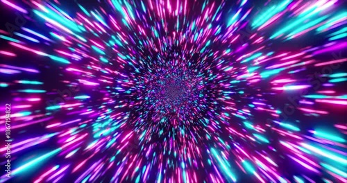 A futuristic hyperspace tunnel where bright neon beams radiate from the center, creating the effect of a high-speed flight through space and time