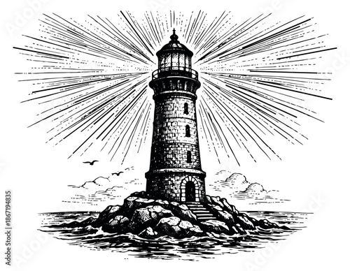 Vintage hand drawn line art illustration of a lighthouse depicting radiating light over the ocean for maritime navigation and guidance