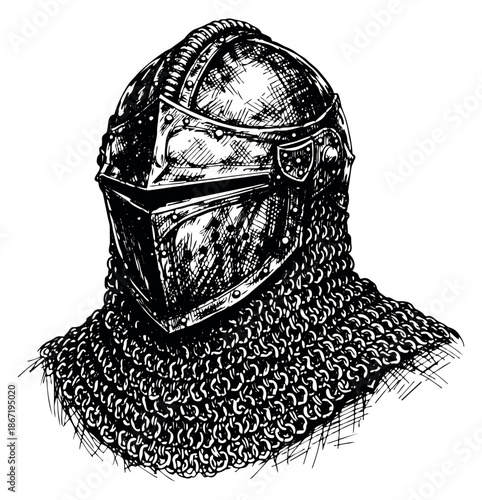 Hand drawn line art illustration of a medieval knight's helmet with chainmail depicting historical protective armor for historical, fantasy, or gaming designs