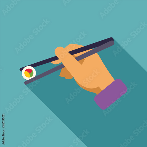 Hand holding a piece of sushi with chopsticks, representing japanese cuisine in a flat design style
