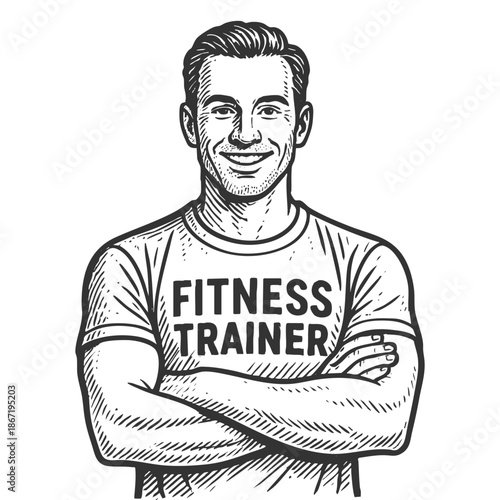 muscular male fitness coach with arms crossed, wearing a shirt labeled Fitness Trainer sketch engraving generative ai fictional character vector illustration. Scratch board imitation. Black and white.