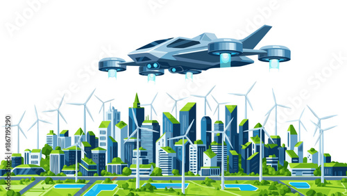 Futuristic eco-city illustration vector with flying vehicle and renewable energy sources
