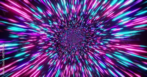 A futuristic hyperspace tunnel where bright neon beams radiate from the center, creating the effect of a high-speed flight through space and time