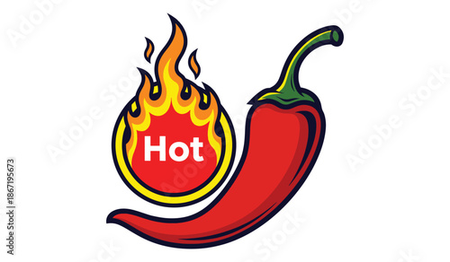 Spicy hot red chili pepper with flame icon