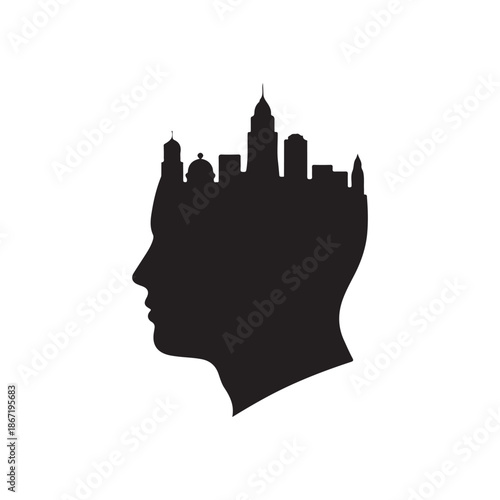 Human head silhouette with city skyline double exposure urban mind concept