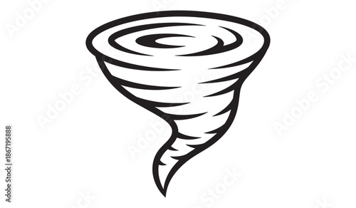 Black and white illustration of a funnel cloud tornado