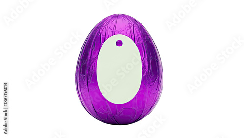 Purple foil-wrapped Easter egg with blank label