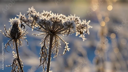 Delicate frost crystals adorn the intricate dried seed heads of wild plants glistening under the soft golden light of a winter sunrise creating a serene and ethereal natural landscape scene with spar.