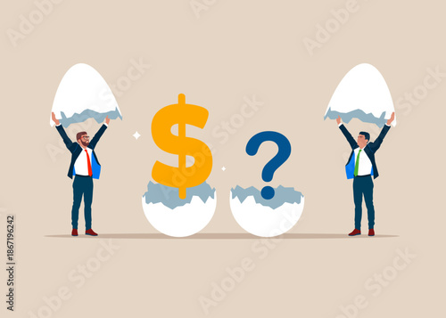 Business team discover hatching eggs with dollar symbol and question mark. Financial and investment growth, increase earning profit, success in wealth management. Flat vector illustration