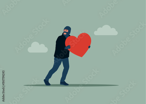 Thief stealing love heart symbol, burglar with love heart. Saint Valentine's day card. Love you. Flat vector illustration