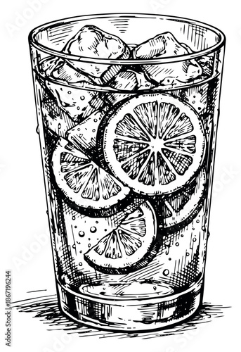 Hand drawn line art illustration of a glass of lemonade depicting ice cubes and lemon slices for summer refreshments