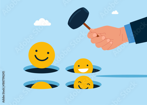 Hand holding hammer hitting the positive smiling face emoji in a mole hole. Playing hamster game. Flat vector illustration