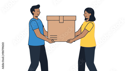 Man and woman in casual attire cooperatively carry a large brown cardboard box, illustrating shared effort.