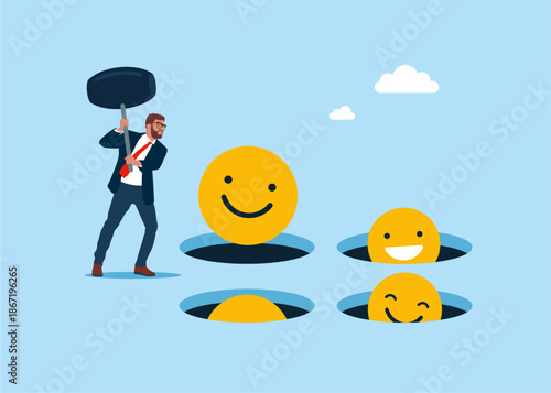 Businessman holding hammer hitting the positive smiling face emoji in a mole hole. Playing hamster game. Flat vector illustration