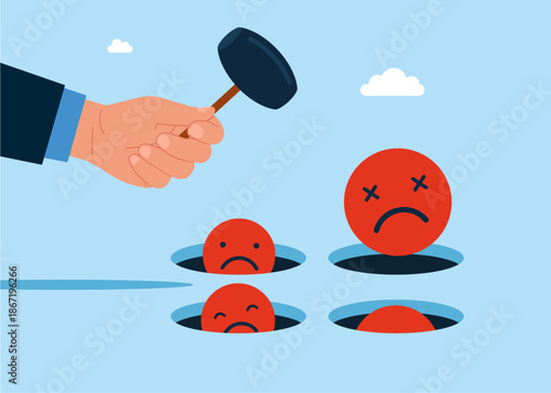 Hand holding hammer hitting the negatively face emoji in a mole hole. Playing hamster game. Burnout from tiring work or demotivation from failure, stress. Flat vector illustration