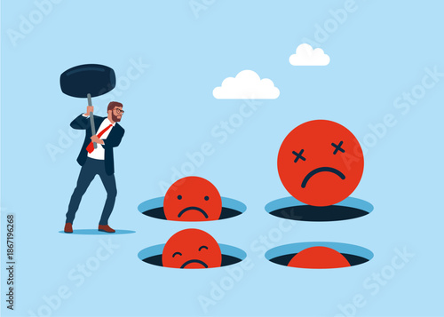Businessman holding hammer hitting the negatively face emoji in a mole hole. Playing hamster game. Burnout from tiring work or demotivation from failure, stress. Flat vector illustration