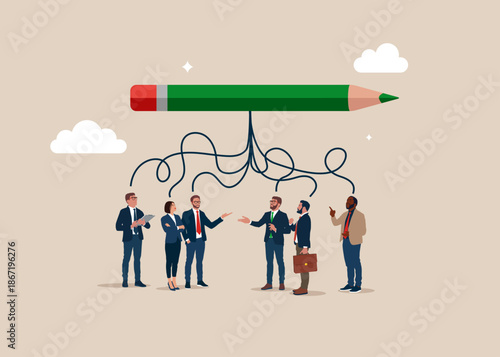 Business people think about pencil. Multitasking, business concept. Symbol of strategy, mission, success, thinking. Flat vector illustration