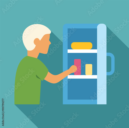 Man reaching into an open refrigerator, picking up a food item