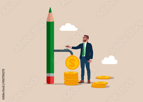 Businessman with green pencil and opening water tap. Dollar coins out of the tap. Multitasking, business concept. Symbol of strategy, mission, success, thinking. Flat vector illustration