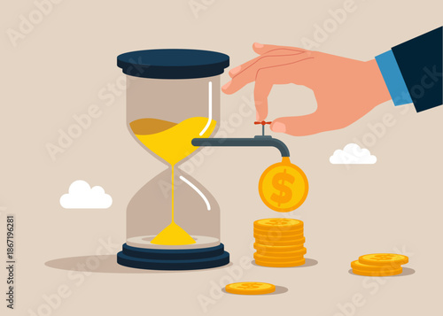 Hand with hourglass and opening water tap. Dollar coins out of the tap. Business idea to make money or profit. Multitasking, productivity and time management concept. Flat vector illustration