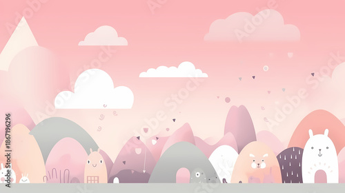 An abstract Easter background features a vector illustration of a cartoon house nestled in a spring landscape with grass, flowers, and colorful eggs under a sunny sky with pink clouds