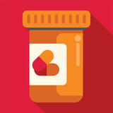 Orange medicine bottle with drug pills on label against a red background