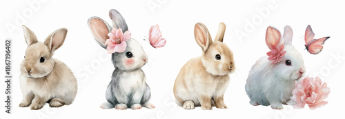 Watercolor bunny with spring flowers and butterfly. Adorable Easter rabbit character set. Cute baby animal illustration with floral elements for nursery design.